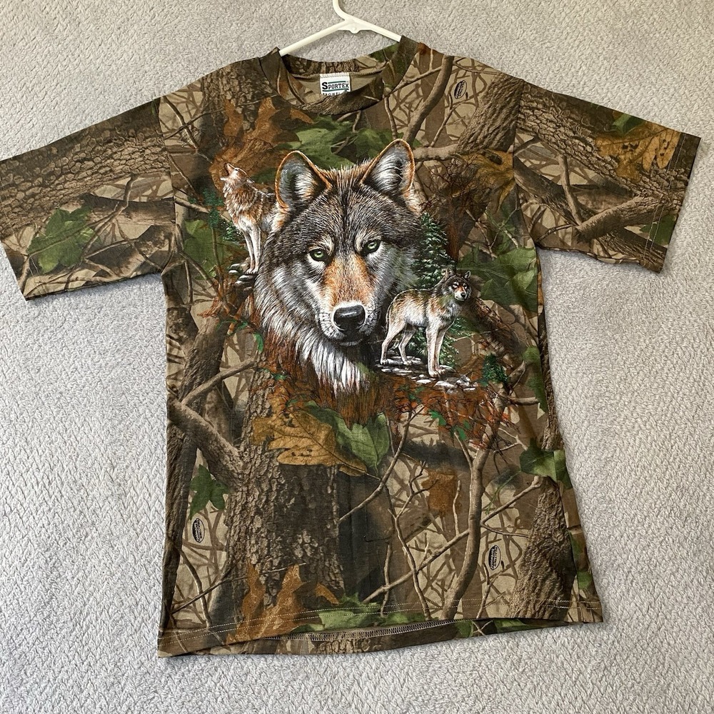 Camo T Shirt Mens S Small Realtree Hardwoods Camouflage Short Sleeve Wolf